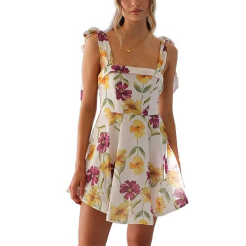 Image of Women Tie Shoulder Mini Dress Floral Ruffle Babydoll Dress Boho Square Neck Sundress Cute Summer Dresses
