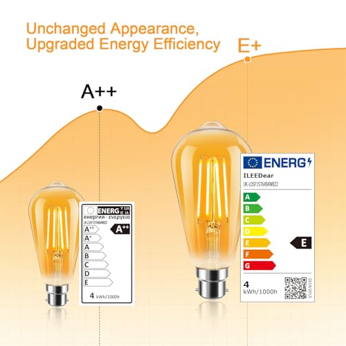 ILEEDear Vintage Edison Light Bulb B22 Edison Screw Bulb ST64, 4W Equivalent to 42W, Retro Amber Glass Screw Lamp - Image 3