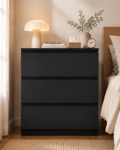 Amveya Cajonera Negra 3 Cajones 70x40x75 cm para Dormitorio