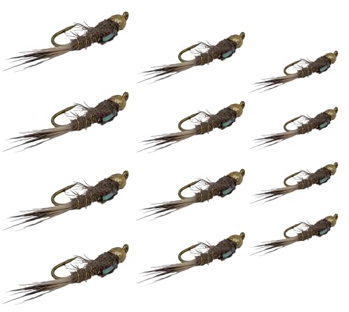 Feeder Creek Fly Fishing Flies | Bead Head Hare's Ear Nymph | 12pc for Fly Fishing | 3 Size (12,14,16) Fishing Assortment | Trout Flies and Bass Flies (Bead Head Flashback Natural)