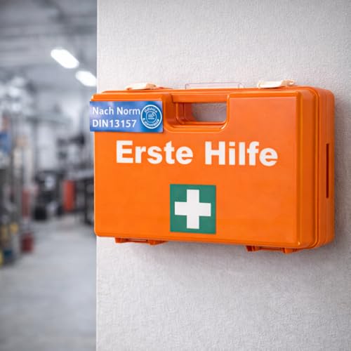 Botiquín de primeros auxilios – DIN 13157 – Maletín para empresas y empresas – Botiquín de primeros auxilios naranja probado según la norma actual – con adhesivo y soporte de pared - imagen 6