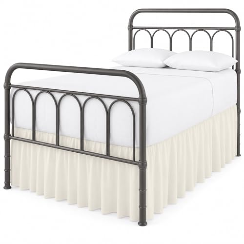 Ruffled Bed Skirt with Split Corners-Three Sided Coverage with Platform-Split Corner Bed Skirts-Dust Ruffle with Split Corners-Ruffled Gather Bed Skirt (Ivory -Queen 18" Drop)
