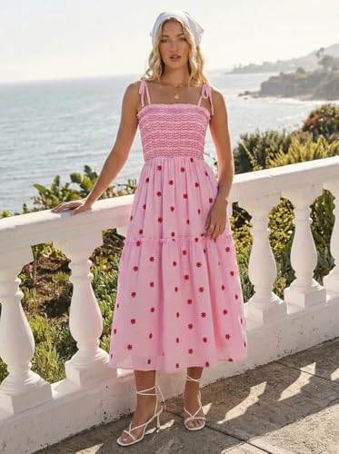 Image of Women Floral Embroidered Maxi Dress Boho Sleeveless Tie Strap Shoulder Dresses Smocked Summer Sundress with Pockets