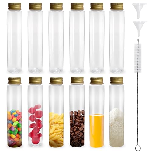 Prebarfun 12 Piezas Tubos de Ensayo Plástico, 110 ml Probetas Plastico Transparente y 1 Cepillo de Limpieza, Tubo de Ensayo de Laboratorio con Tapa, Pequeñas Botellas de Cristal para Dulces Líquidos
