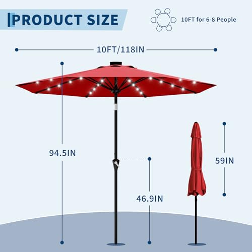 GarveeLife 10FT Patio Umbrella Outdoor, Table Umbrella with solar lights, 8 Sturdy Ribs UV Protection Waterproof for Garden, Pool, Deck (Red) by GarveeLife - Used condition - Image 3