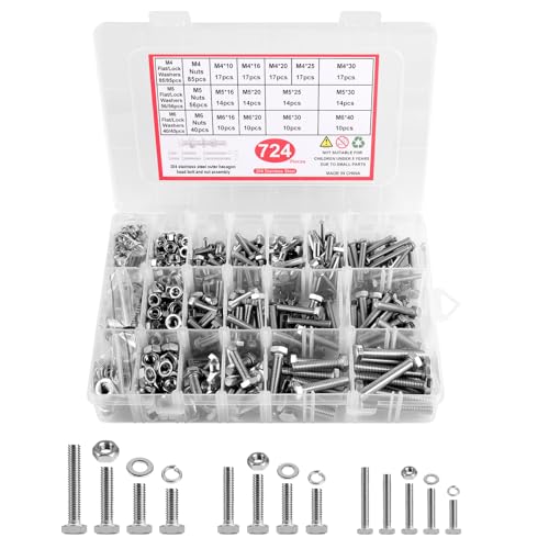 LALAGO 724 Pcs M4 M5 M6 Boulons et écrous Rondelles Assortiment Kit, 304 Inox Élastique Vis à Tête Hexagonale, Coffrets Boulons et écrous pour accessoires...