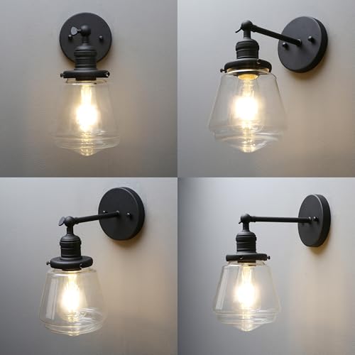 Image of Phansthy Wall Sconces Light Fixture Industrial Wall Lamp, 180 Degree Adjustable Bathroom Vanity Light, Wall Light with Glass Shade Wall Decorative Lighting for Kitchen Living Room Hallway (Black)
