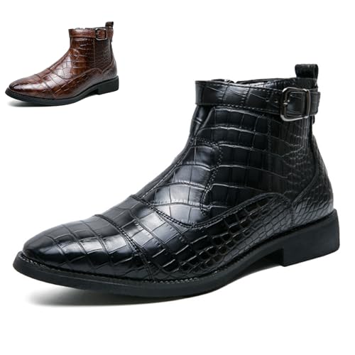 Men's Pattern Leather High Top Chelsea Boots with Buckle Strap Fashion British Style Pointed Toe Side Zipper Retro Business Dress Oxford Ankle Boots