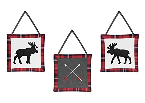 Image of Sweet Jojo Designs Grey, Black and Red Woodland Plaid Moose and Arrow Wall Hanging Decor for Rustic Patch Collection - Set of 3