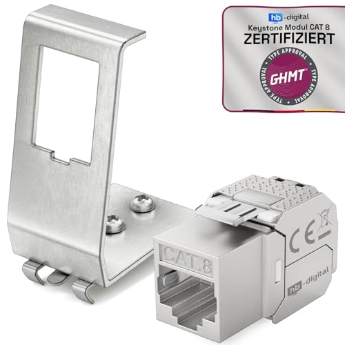 hb-digital Set: 1 modulo CAT.8 Keystone RJ45 + 1 adattatore per guida in metallo da 35 mm standard | RJ45 Jack schermato in acciaio inox LSA montaggio Ethernet LAN Switch