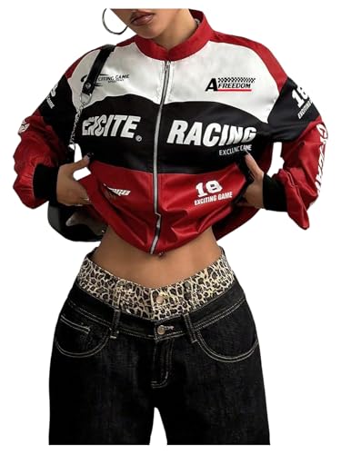 GORGLITTER Women's Racing Bomber Jacket Y2k Vintage Graphic Zip Up Lightweight Jackets Color Block Varsity Coats Streetwear