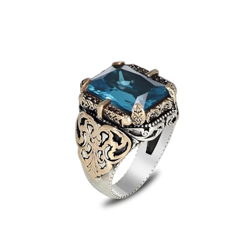 BayVog Men's Sterling Silver Ring with Blue Topaz Gemstone – Ottoman Style Vintage Ring – Rectangular Emerald Cut Stone – Handmade Turkish Jewelry for Men