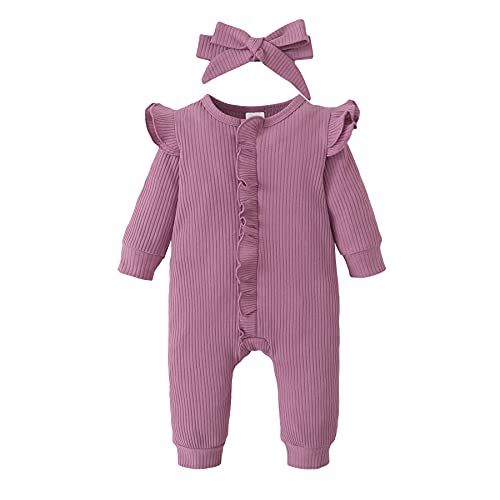 Image of ZOEREA Newborn Infant Baby Girl Romper 0-18M Ruffle Long Sleeve Romper Jumpsuit + Headband Baby Clothes Girl Outfit
