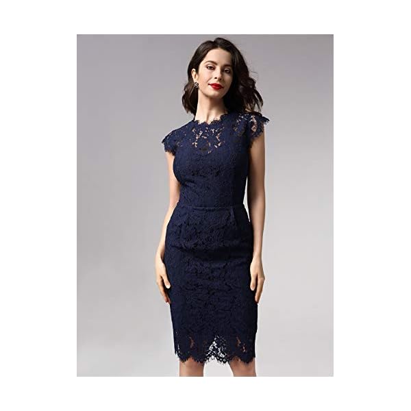 Miusol Women's Retro Floral Lace Slim Evening Cocktail Mini Dress (Large, Navy Blue)