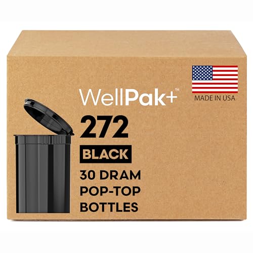 WellPak+ 30 Dram Pop Top Bottles with Caps Black 272 qty.- Durable Smell-Proof Medicine Containers for Storage, Small Empty Pill Vials, Versatile Plastic Jars for Medication & More