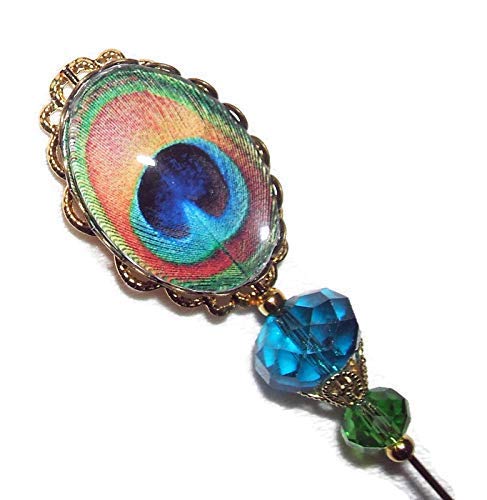 PEACOCK FEATHER EYE Stick Hat Pin GLASS Cabochon Long Hatpin Gold Pl Vintage Style CRYSTAL