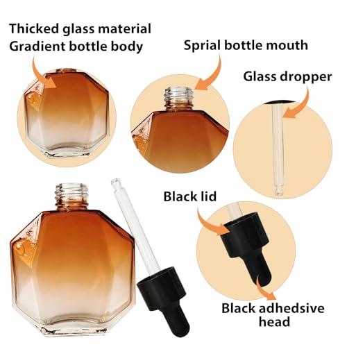 Amber Glass Dropper Bottles for Essential Oils 50ml/1.7oz 6 Pcs Diamond Glass Bottles with Dropper, for Perfume Hair Oils Serums and other liquids (－Amber, 50ML/1.7OZ)4