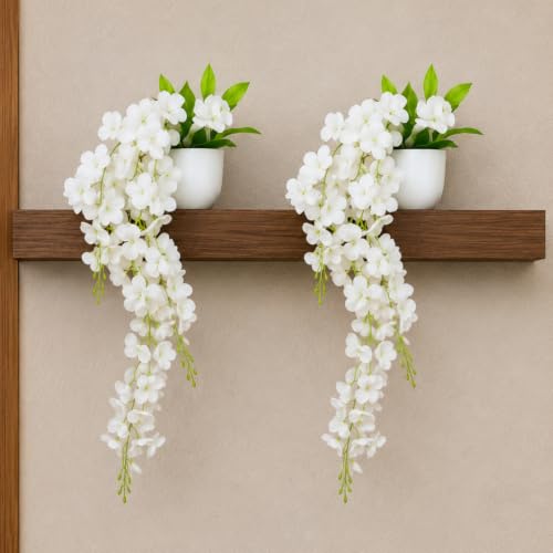 Image of fancymart Artificial Flower White Wisteria Hanging Plant with White Pot, 60 cm Height, Pack of 2, Realistic Floral Vine for Home, Office, Living Room & Wall Decor