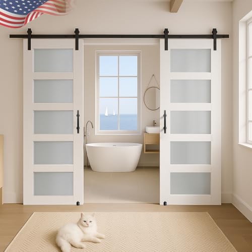 S&Z TOPHAND® 20in x 84in Double Glass Sliding MDF Barn Door with 8FT Sliding Door Hardware Kit, 5 Tempered Frosted Glass, Slab Inside Covered with Water-Proof PVC Surface, Simple DIY Assembly