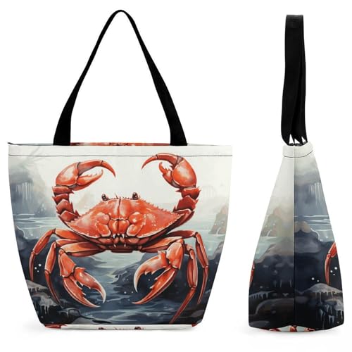 Women Tote Bags with Handles Red Crab Sea Shoulder Bag with Zipper Handbags Shopping Bags Travel Bag Beach Bag Reusable Grocery Bag for Swim Holiday Gift