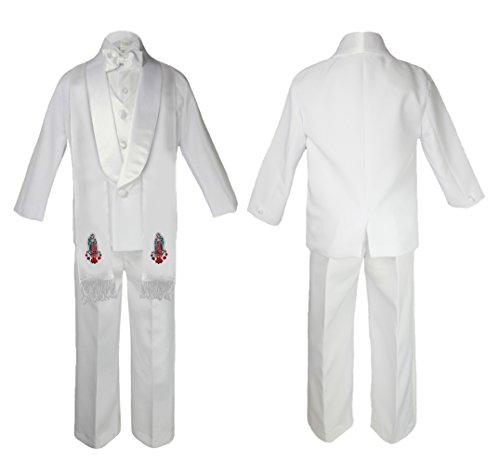 Image of Baby Boy Christening White Shawl Lapel Suit Silver Virgin Mary on Stole SM-20
