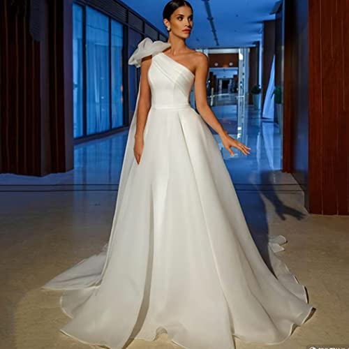One Shoulder Prom Dresses Ball Gown Tulle Wedding Dress A-Line Formal Evening Gown with Bow3