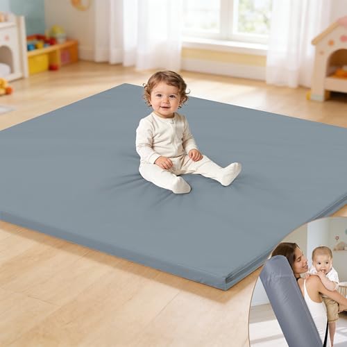 Image of HARBOLLE Baby Play Mat 47x47 Inches, Extra Thick 1.2" Foam Floor Mat for Tummy Time & Crawling, Waterproof Non-Slip Faux Leather Playpen Mat for Infants Toddlers, Indoor Outdoor Gym Activity, Blue