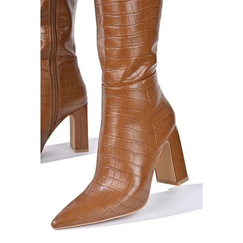 Cape Robbin Saywhat-2 Sexy Mid Calf Chunky Heeled Booties For Women, Pointed Toe Knee High Block Heel Boots - Brown Size 8.5 #TOP3