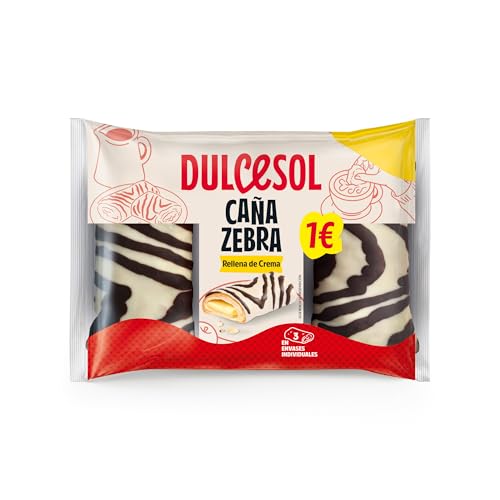 Dulcesol - Caña Zebra - Hojaldre con Cobertura Blanca y Rayas de Cacao, Rellena de Suave Crema, Pack de 3 Unidades en Envases Individuales - Bolsa 150g