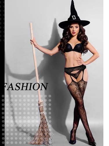 Bencailor 4 Pairs Women Fishnet Thigh High Stockings Suspender Patterned Tights Black Garter Belts Pantyhose Tights for Women4
