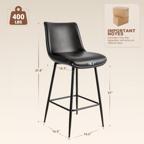 Image of Counter Height Bar Stools Set of 2, FSC Certified Upholstered Faux Leather Barstools with Back, Metal Base, 27 inch Seat Height, Modern Upholstered Counter Stools for Kitchen Island,(Black