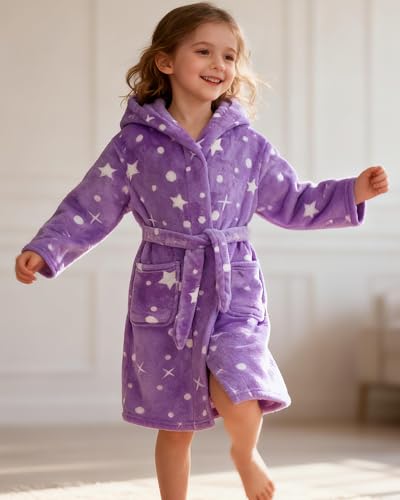 Image of Girls Fleece Hooded Robes, Warm Printed Bath Robe for Kids Soft Fuzzy Bathrobe for Gifts