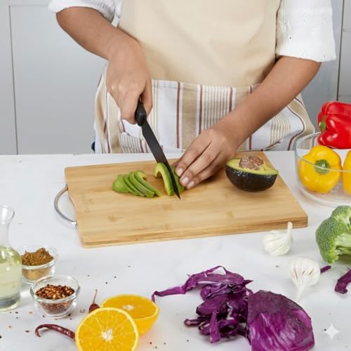 Image of Go Store 3 Pcs Steel Knife Set with Bamboo Wooden Chopping Board (30 x 20 CM) | Ultra-Sharp Blades, Chef, Meat Cleaver & Utility Kitchen Knife Set & Eco Friendly Multipurpose Cutting Board