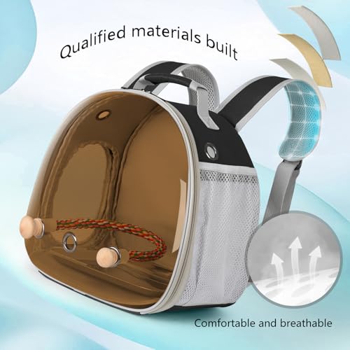 Image of Bird Travel Backpack Carrier with Metal Tray and Standing Perch, Polarized Tint Brown Space Capsule Astronaut Bubble Hard Window