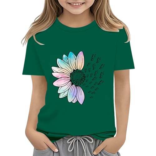 Girls Loose Fit Sunflower Graphic T Shirts Short Sleeve Crewneck Cute Pattern Printed Tops Kids (A-Green, 6-7 Years)