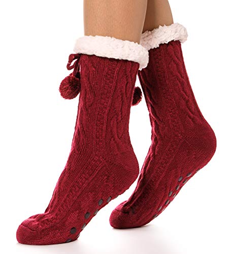 Womens Slipper Socks Fluffy Fuzzy Fleece Cozy Plush Cabin Non Skid Winter Huggle Socks Stocking Stuffers with Gripper?Ball-Red?