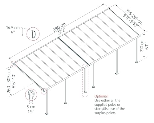 CANOPIA by Palram Terrassenüberdachung Alu Capri 3X9.71 Polycarbonat Hohlkammerplatten Pergola 971 x 295 cm Grau zur Überdachung ihrer Terrasse