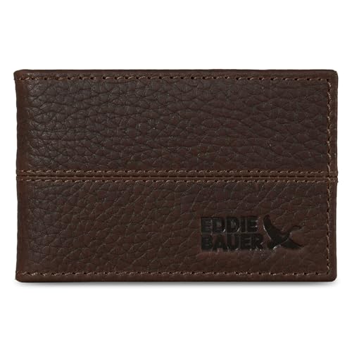 Eddie Bauer Mens Rugged Leather Bifold Wallet | Money Clip | RFID Protection | ID Window | Genuine Leather | Everyday Use | Brown