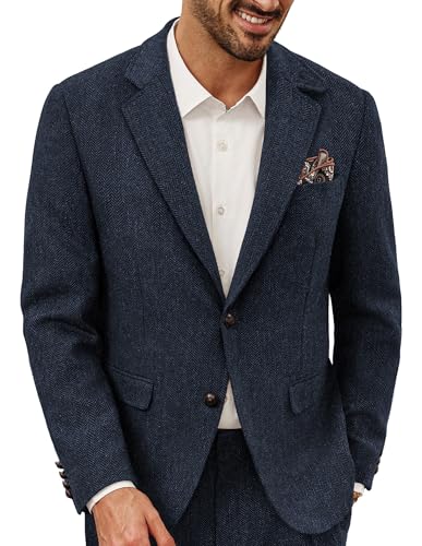 PJ PAUL JONES Mens Blazer Vintage Wool Blend Sport Coat Herringbone Tweed Blazer Suit Jacket with Pocket Square