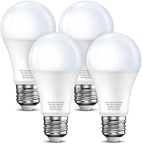 Eastiya LED Light Bulbs 100 Watt Equivalent A19 LED Bulbs Daylight White 5000K, 13W 1500LM Super Bright, E26 Base, Energy Saving Lightbulbs for Living Room Bedroom Home Office, Non-Dimmable, 4-Pack