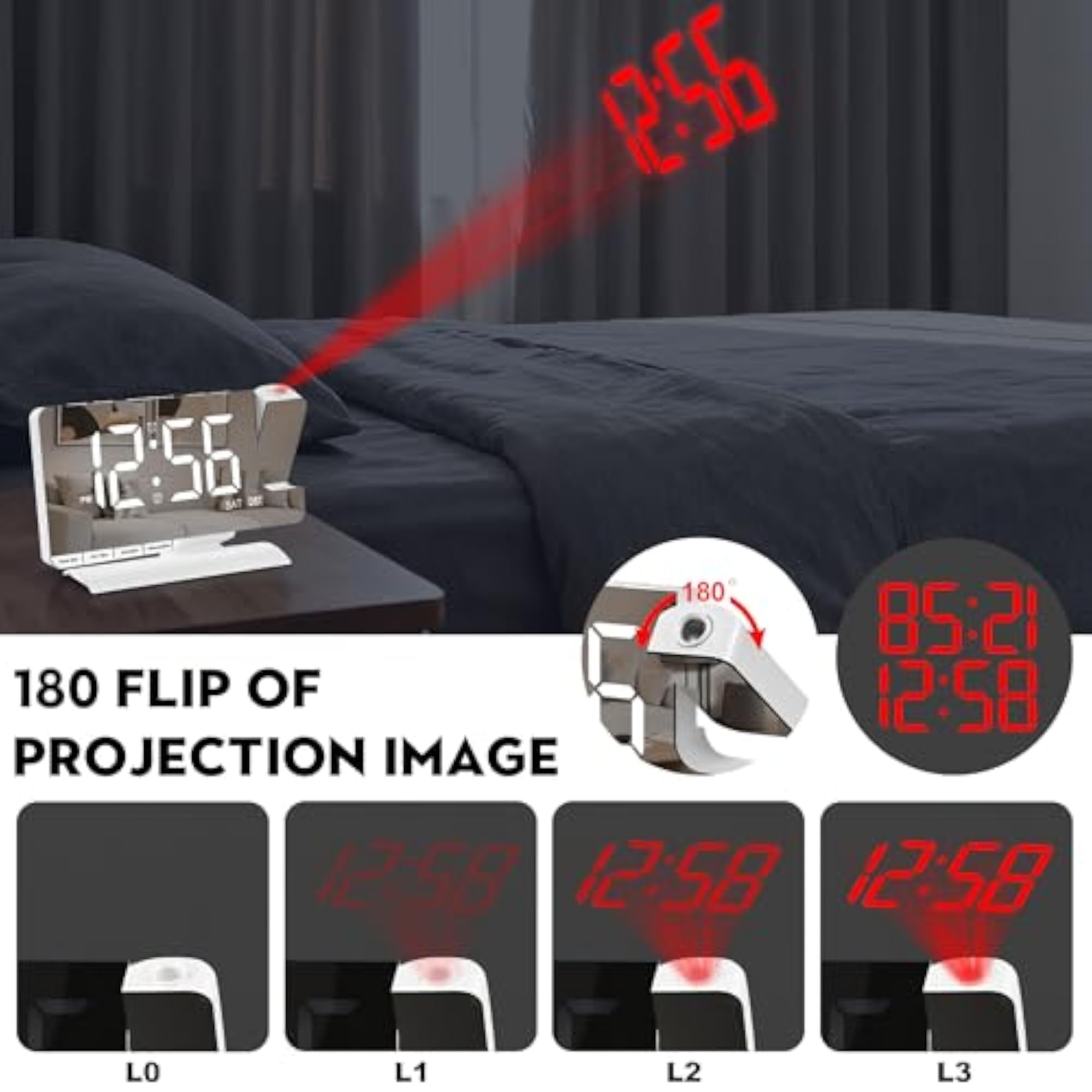 Mirror Projection Alarm Clock with Dual Alarm