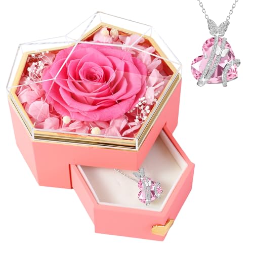 PatNlevs Rose Eternelle avec Collier en Forme de Cœur et Boîte à Bijoux, Cadeau Saint Valentin Femme, Coffret Cadeau Saint Valentin Femme Anniversaire Fete des Mere Maman (Rose)