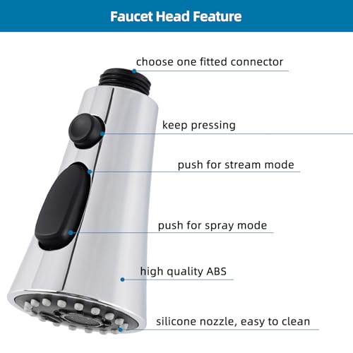 Universal Kitchen Faucet Head Replacement with 15 Adapter Kit Compatible with Kohler/Moen/Delta Faucet, 3 Function Pull Down Sink Faucet Spray Head, Chrome
