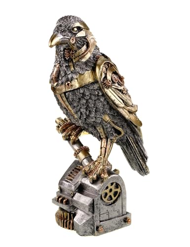 Kremers Schatzkiste Steampunk Rabe Figur Polyresin Deko Skulptur 28cm Schwarzer Vogel mit Goldelementen | Handbemalt | Detailreiche Statue | Wohnzimmer Büro Dekoration