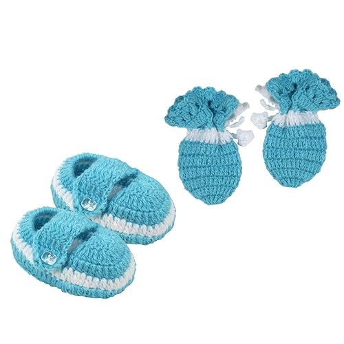 Hand Made Woolen Booties & Mitten Set for New Born Baby, Color Blue-image-46