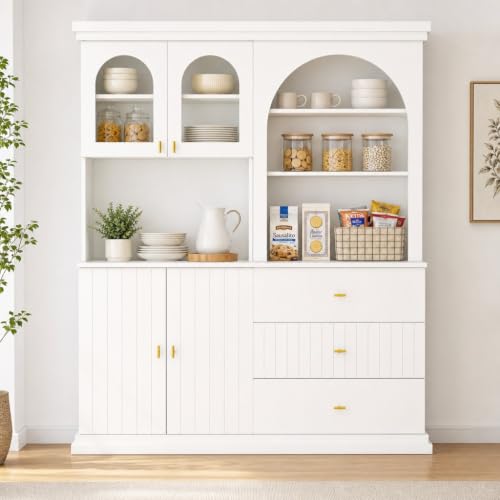 Image of ivaniti 71 inch Arched Kitchen Pantry Cabinet Set of 2, White Freestanding Storage Hutch Combination with 1 Glass-Door Coffee Bar Cabinet and 1 Three-Drawer Open Shelf Cabinet for Kitchen