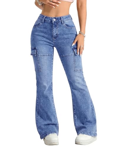 KKSONG Womens High Waisted Flare Jeans Stretchy Bell Bottom Denim Pants Y2K Streetwear Trousers Mid Blue M