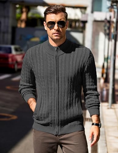 Coofandy Men'S Full Zip Cardigan Sweater Slim Fit Cotton Cable Knitted Zip Up Sweater With Pockets thumb #1