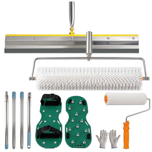 8tlg Bodenbeschichtungs Set, Entlüftungsroller Set mit 2 Entlüftungswalze 23CM+48CM Stehrakel Großflächenrakel 56CM Nagelschuhe Stachellänge 3CM und Lange Stange 139CM für Ausgleichsmasse Boden
