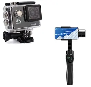 TechKing (COMBO PACK SPECIAL WITH 12 YEARS WARRANTY) Bluetooth D20 SmartWatch with Heart Rate & Blood Pressure Monitor 4K Wifi Waterproof Action Sport Camera, Handheld 3-Axis Smartphone Gimbal Stabilizer with Grip Tripod, Built-in Extension Rod, Shot Guide for Vlogging, YouTube,